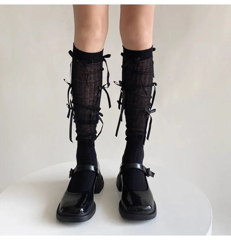 Sweet Lolita Style Stockings Students Fashion Basic Bowknot Knee-high Socks Cotton Fabric Women Mid-calf Sock