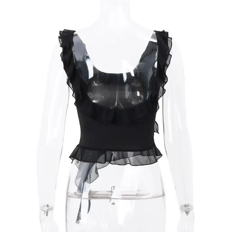 Fashion O-neck Sleeveless Tank Top Sexy Ruffles Backless Irregular Crop Tops  Summer Casual Streetwear Women Camis
