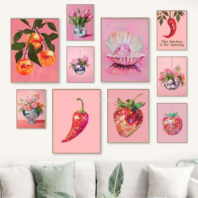 Retro Abstract Fruit Disco Ball Orange Miorrorball Creative Poster Canvas Paintings Wall Art Pictures