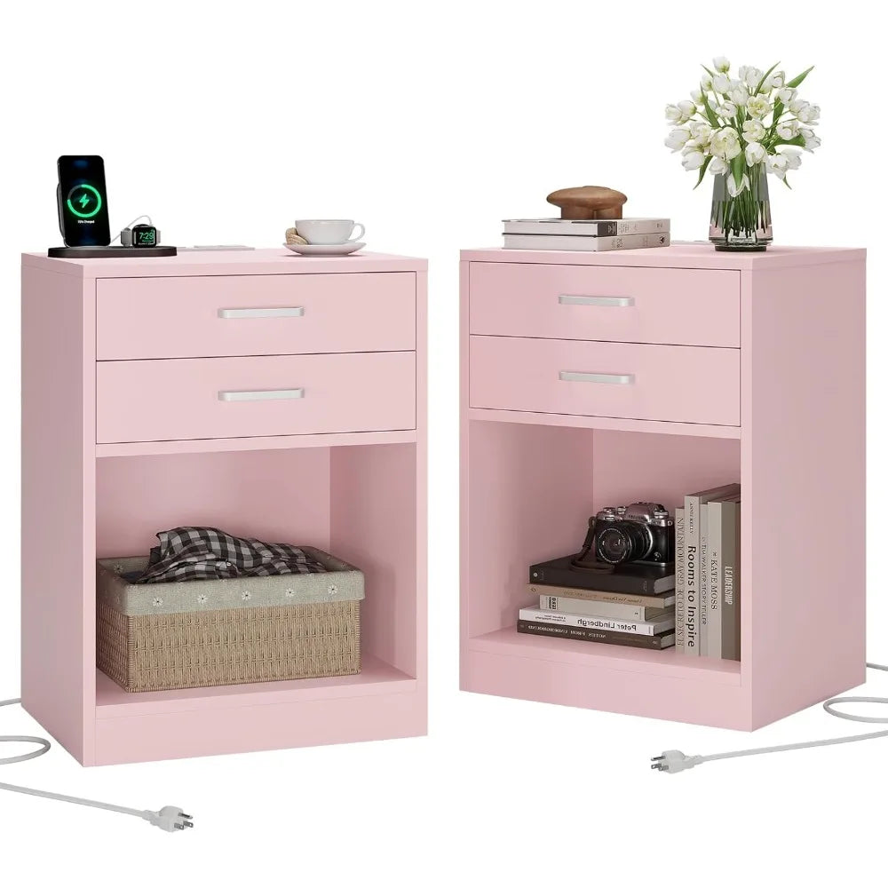 Night Stand Set 2, Pink Nightstand with Charging Station & Drawers, Night Stands for Bedrooms Set of 2, Bedside Table with Drawers