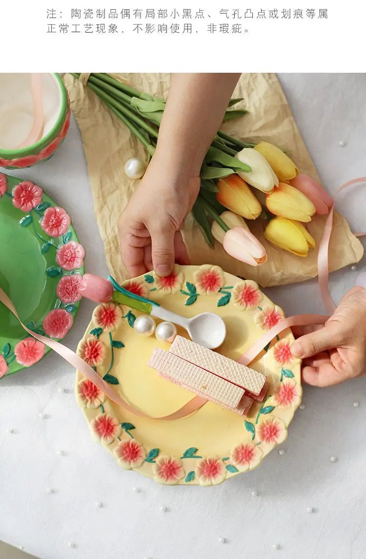 Flower Plate Embossed Small Flower Dessert Plate Ceramic Plate Under Glaze Colored Hand-painted Tableware