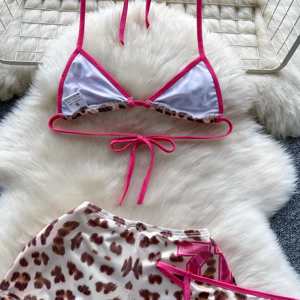 Leopard Bikini Hotsweet Three Piece Set Halter Bra+Slim Shorts+Mini Briefs Women Lace-Up Backless Sexy Suits