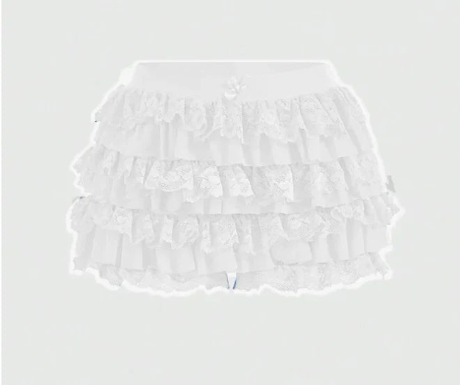 Women's Sweet Bow Lace Ruffles Shorts  Aesthetic 2000s Elastic Waist Short
