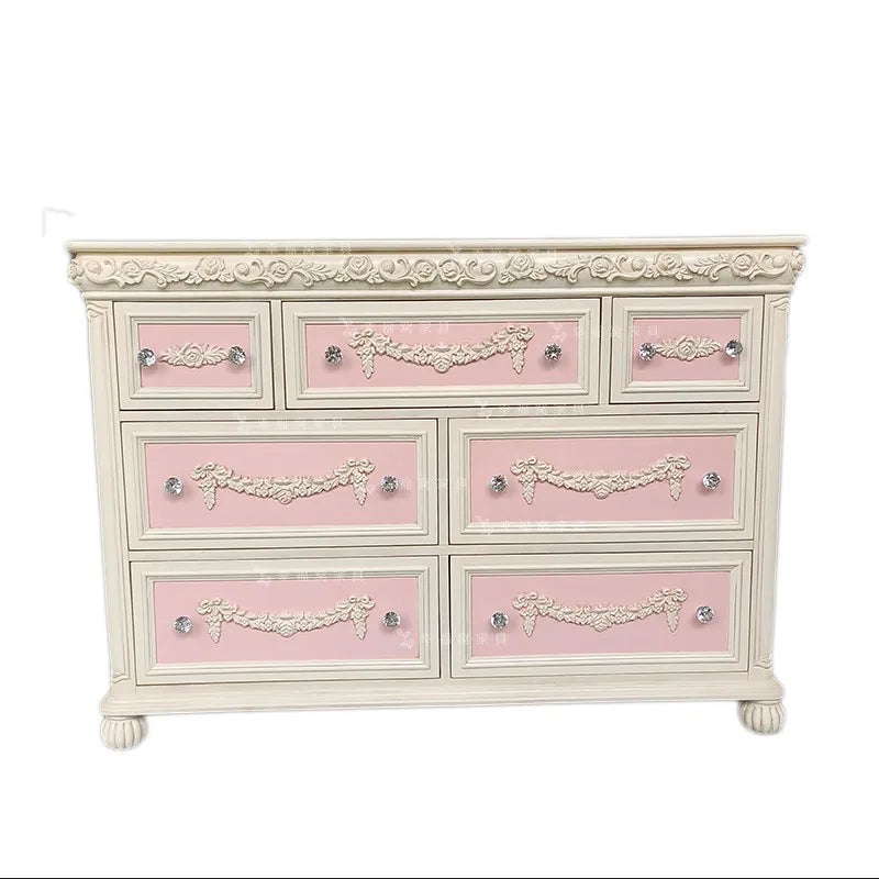 French Solid Wood Carving Flower Retro Seven Chest Cabinet