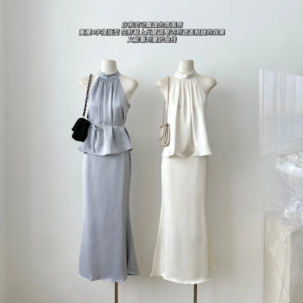 Sweet Hot Girl Casual Suit Women's Summer Satin Sleeveless Top High Waist Long Skirt Two-piece Set Fashion Female Clothes