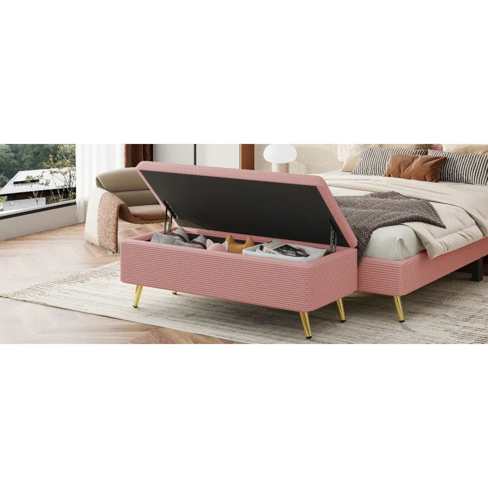 Pink 2 Pieces Bedroom Sets Queen Size Upholstered Bed Frame, Modern Corduroy Storage Ottoman
