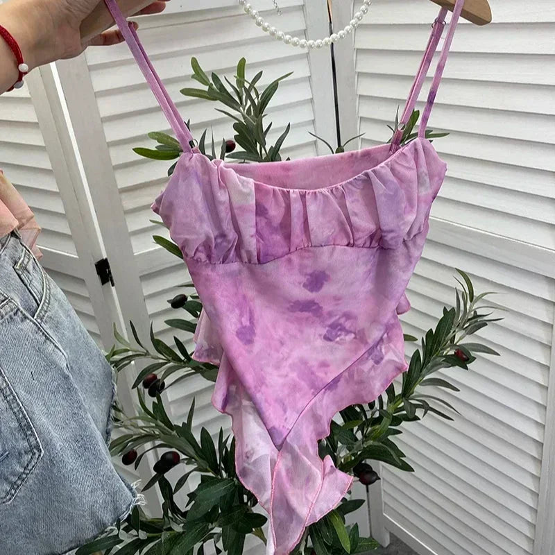 Girls Sweet Ruffles Mesh Camisole Top Lady Camis Sleeveless Printed Floral T shirts Stretch Slim Tanks For Slim Women