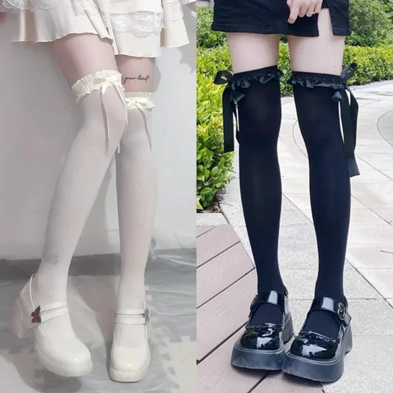 Women Lace Black White Ruffle Long Socks Women Girls Sweet Stockings Lolita Nylon Lace Leggings Over The Knee Bowknot Hosiery