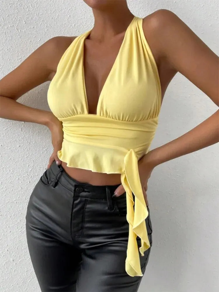 Women's Sexy Tight Fitting Deep V-neck Pleated Top Tight Fitting