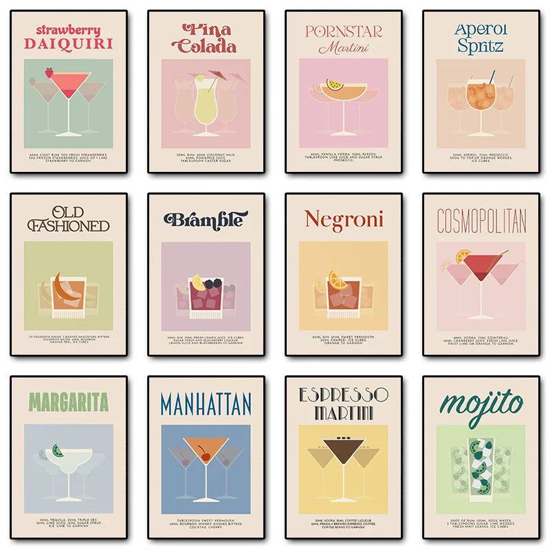 Retro Cocktail Alcohol Drink Poster Aperol Spritz Espresso Martini Canvas Printing Wall Art Vintage Bar Recipe Kitchen Decor