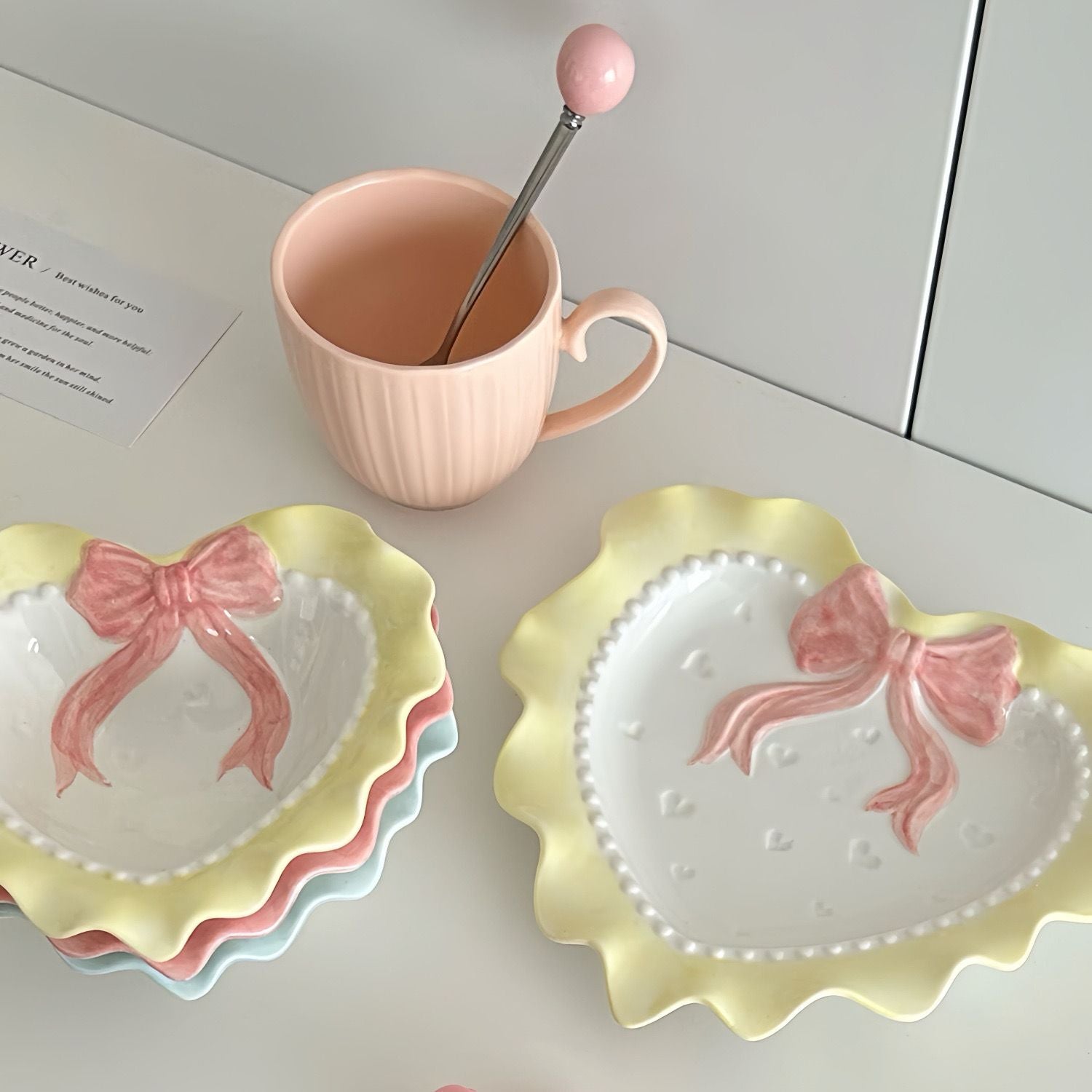 Cute Wave Edge Bow Knot Love Wave Dot Ceramic Lace Girl Tableware