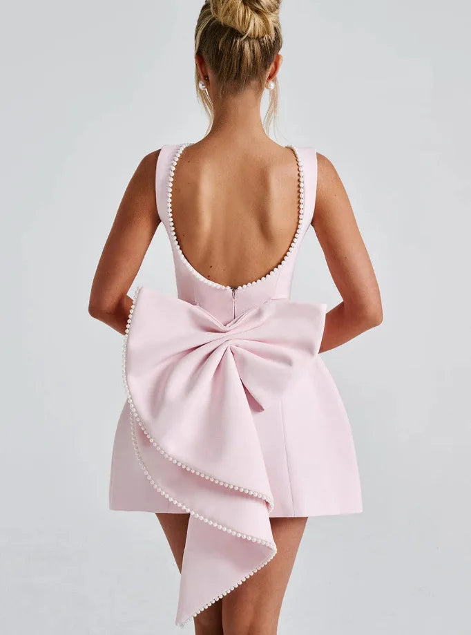 Elegant Pearl Bow Backless Sexy Mini Dress Women's Luxury Party Short Dresses