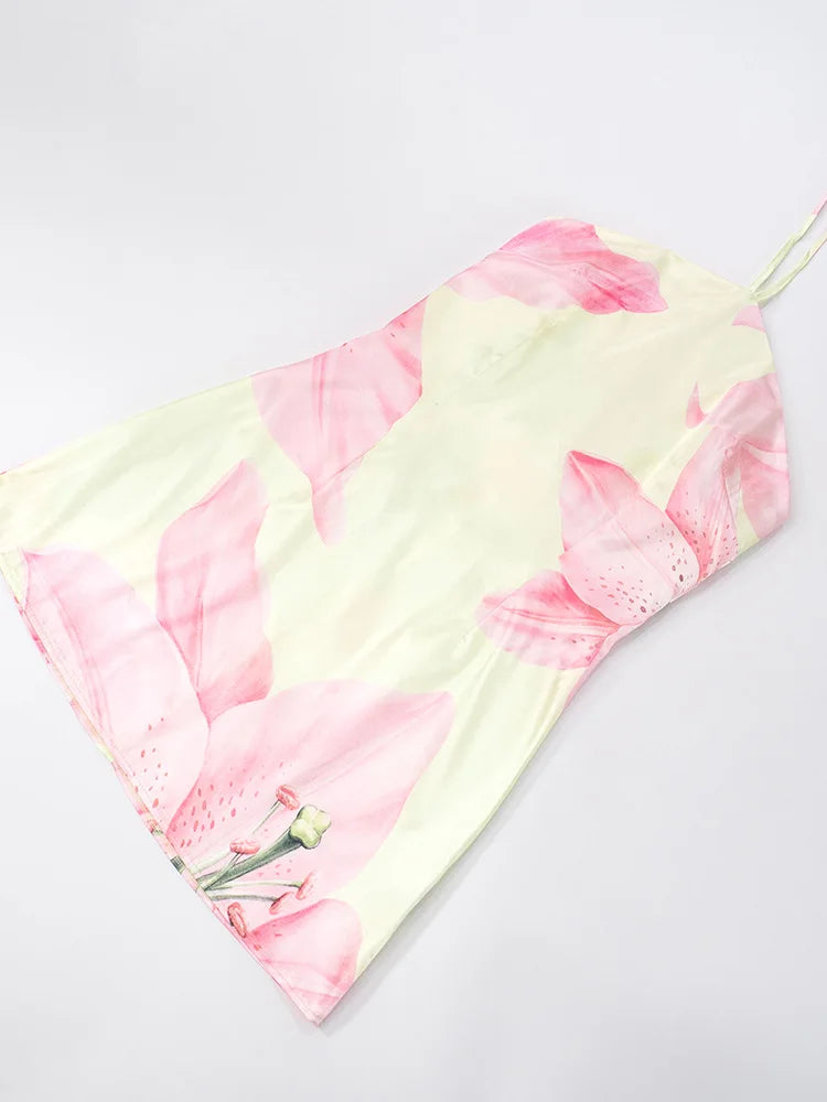 Halter Contrast Print Lace Up Fashion Slim Mini Dress A-line Dress