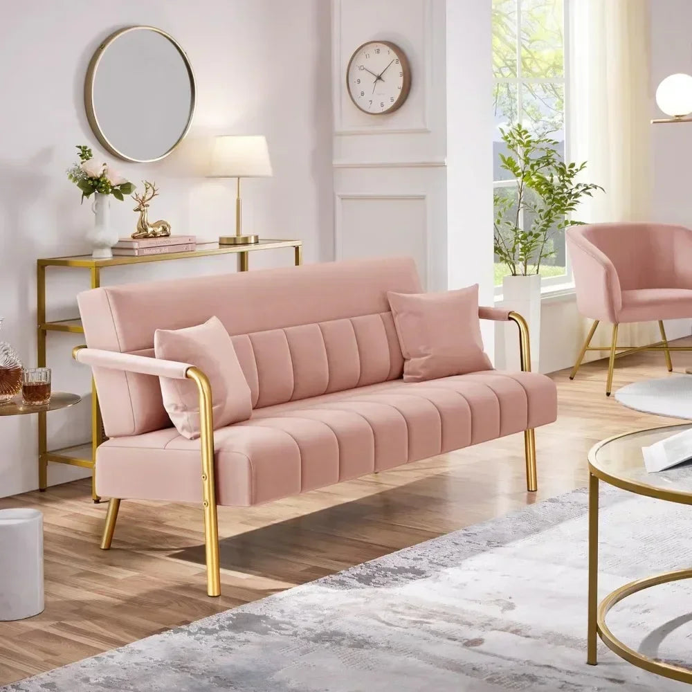 Modern Loveseat 2 Seater Sofa Luxurious Velvet Fabric Couch with Gold-Tone Metal Arms and Legs for Bedroom, Studio Pink 56.5" W