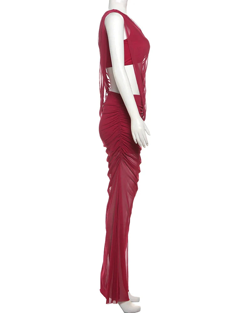 Irregular 2 Piece Set Women Double Deck Mesh Diagonal Collar Tank Top+Ruched Maxi Skirts Matching Outfit