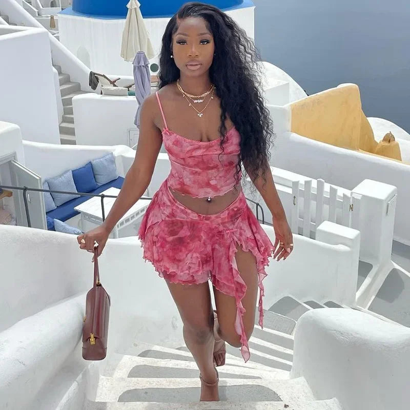 Women's Fashionable Mesh Printing Sexy Side Slit Mini Two Piece