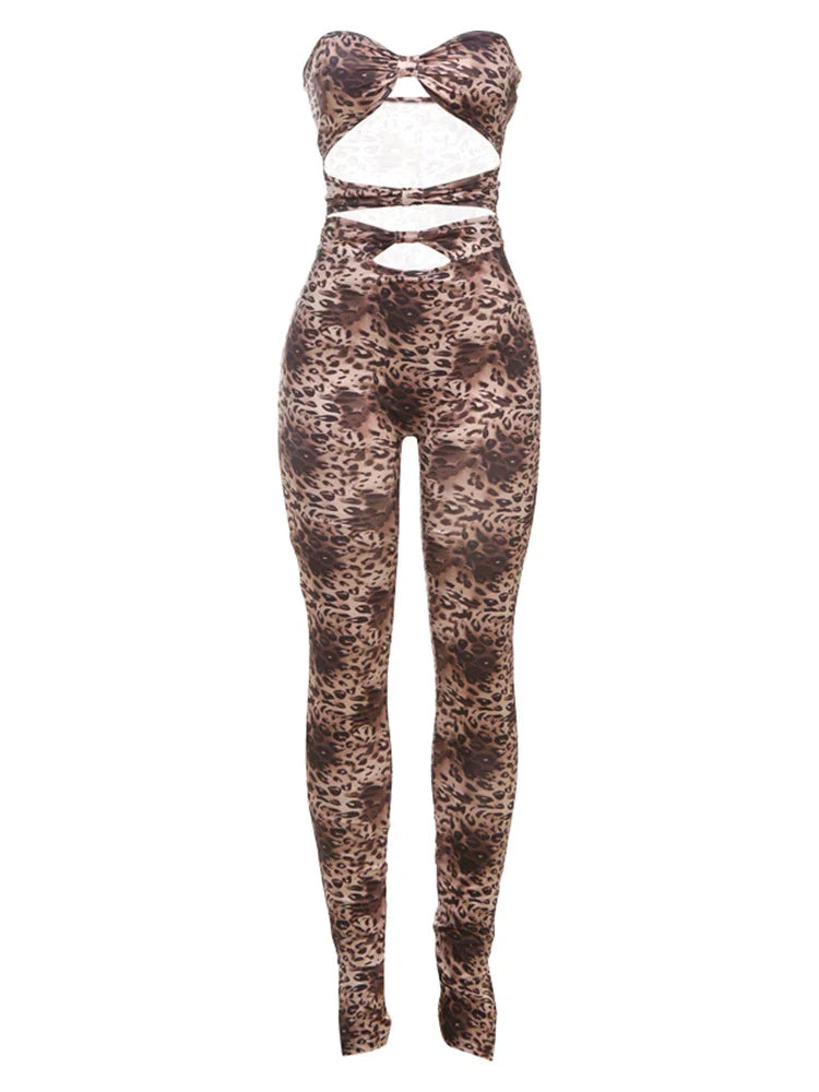 Sexy Strapless Jumpsuit Women Hollow Knot Skinny Set