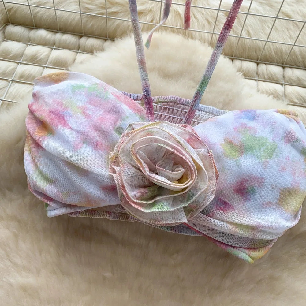 Flower Strapless Halter Tank Top and Split Ribbon Skirt Two Piece Set