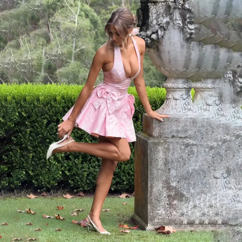 Pink Jacquard Halter Bow Evening Party Dress Women Robes Backless Elegant Sexy Dress Bodycon Mini Dress
