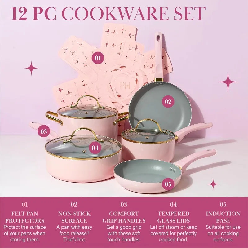 Paris Hilton Epic Nonstick Pots and Pans Set, Multi-layer Nonstick Coating, Tempered Glass Lids, Soft Touch, 12-Piece, Pink