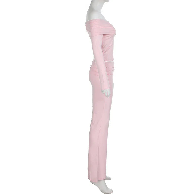 Slash Neck Top and Casual Pants Sets Women's Two Pieces Of Outfits Streetwear Solid Fashion Y2K Basic Slim Clothes