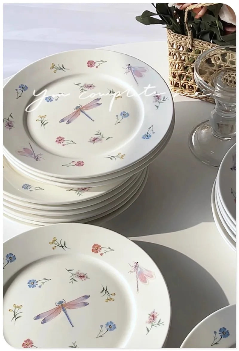 Garden Dragonfly Ceramic Dish Exquisite Round Ceramic Breakfast Dessert Plate Home Dish Plate High Temperature Resistant