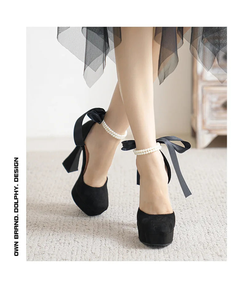 Fashion Super High Heels Sandals Bow Buckle Square Head Heels Ladies Shoes