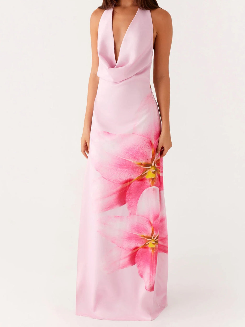 Summer Elegant Floral Print Sleeveless Halterneck Maxi Dress with Open Back