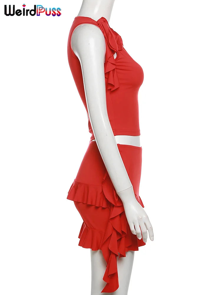 Women 2 Piece Set Double-Deck Pleated Tassel Mini Skirt+Bandage Slim Tank Top Festival Party Sexy Matching Outfits