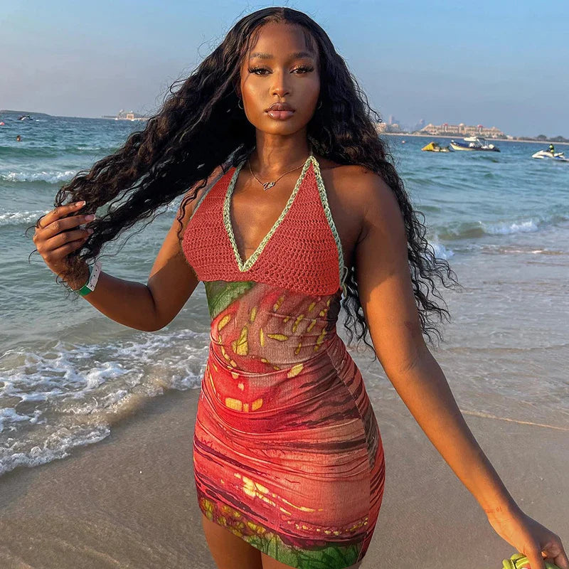 Halter Knitted Scenery Print Backless Lace Up Sexy Mini Dress Women Fashion Clothes