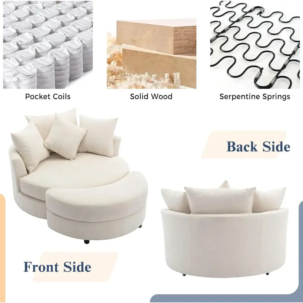 Swivel Book Nook Chair with Storage Ottoman and 4 Movable Pillow Backrest, 360° Rotating Round Barrel Sofa Chair