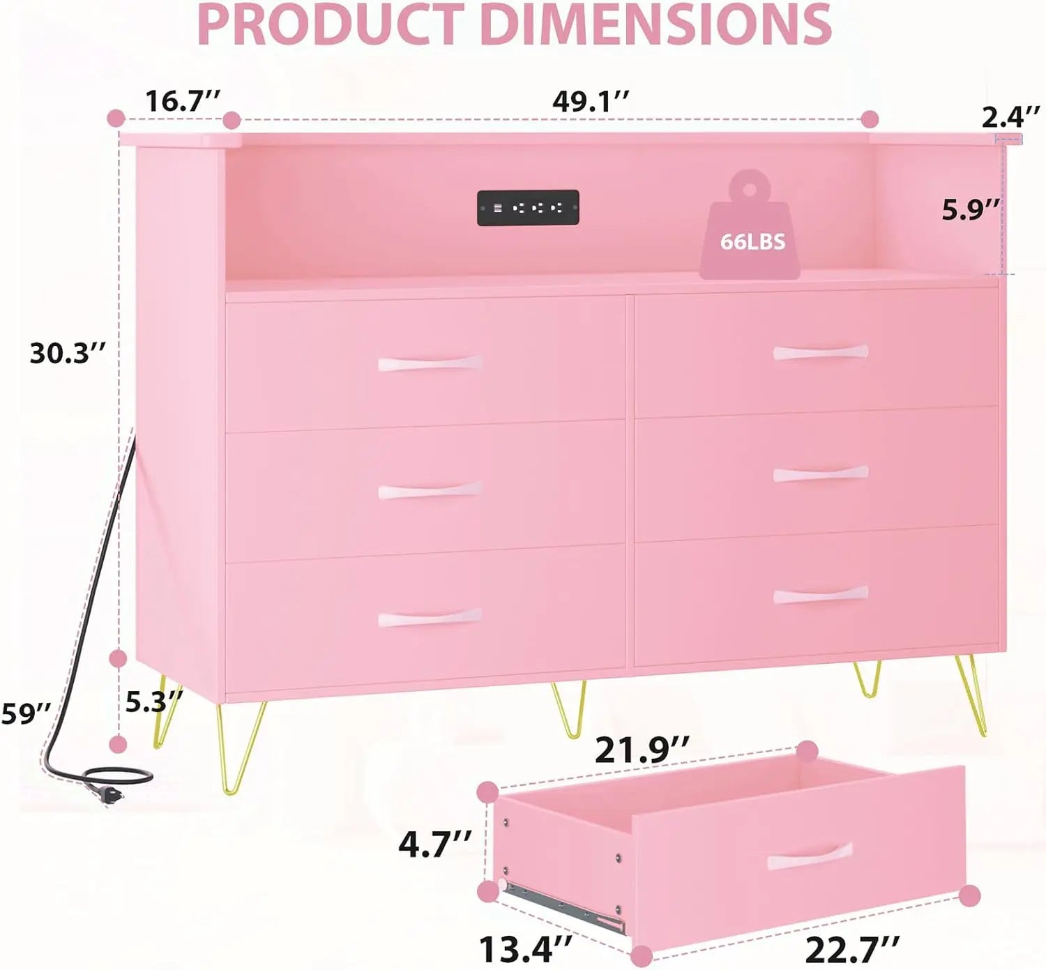 New Dresser with LED Light for Bedroom 6 Drawer Dressers with Charging Station Chests of Drawers Sturdy Steel Frame Wooden Top