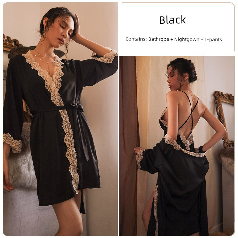 Women's Sexy Lace Pajamas Fancy Ice Silk Strap Night Dress