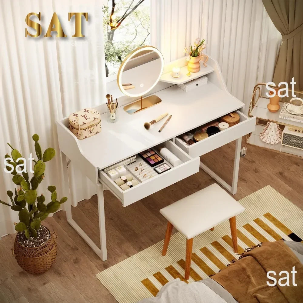 Vanity Desk with 2 Drawers, 40 Inch Computer Home Office Desk, Modern Makeup Dressing Desk, Study Work Table