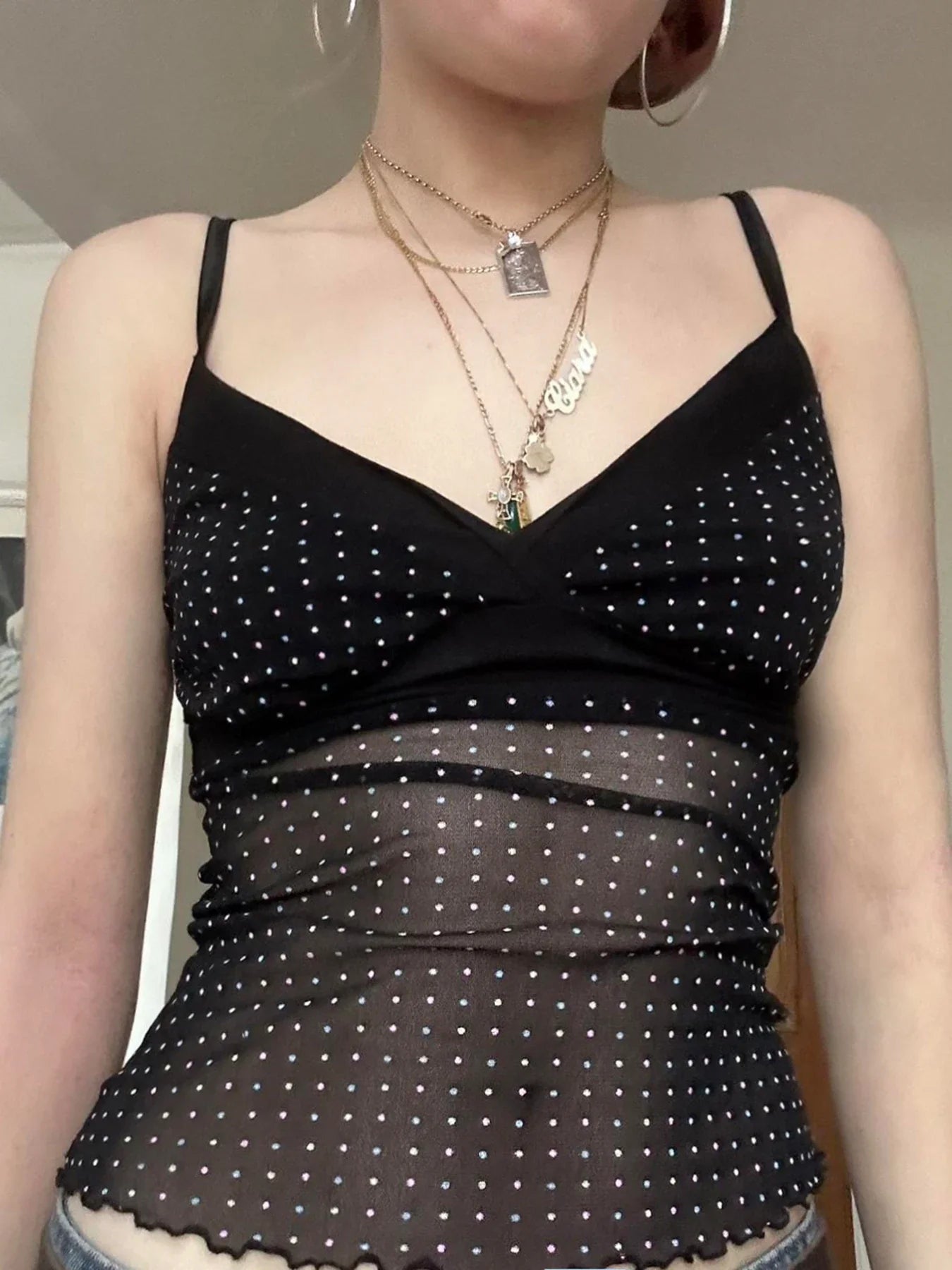 Polka Dot V-Neck Slim Fit Camisole Tops Causal Simple Basic