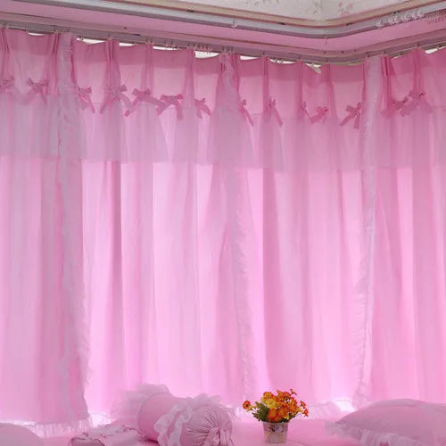 Princess Style Window Curtains, Cotton, Pink Lace, 2 Layer Curtain