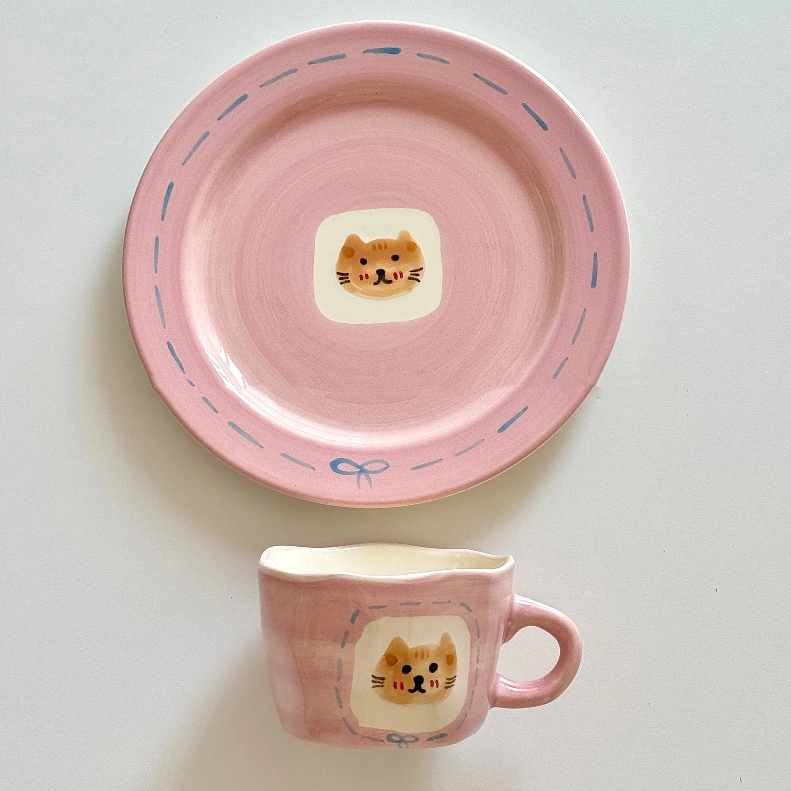 Cute Pink Hand Drawn Ceramic Line Bows 7.9 Inches Serving Plates
