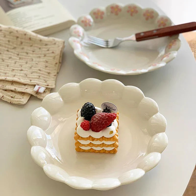 Irregular Ceramic Lovely Pink Petal Dinner Lace Deep Plate