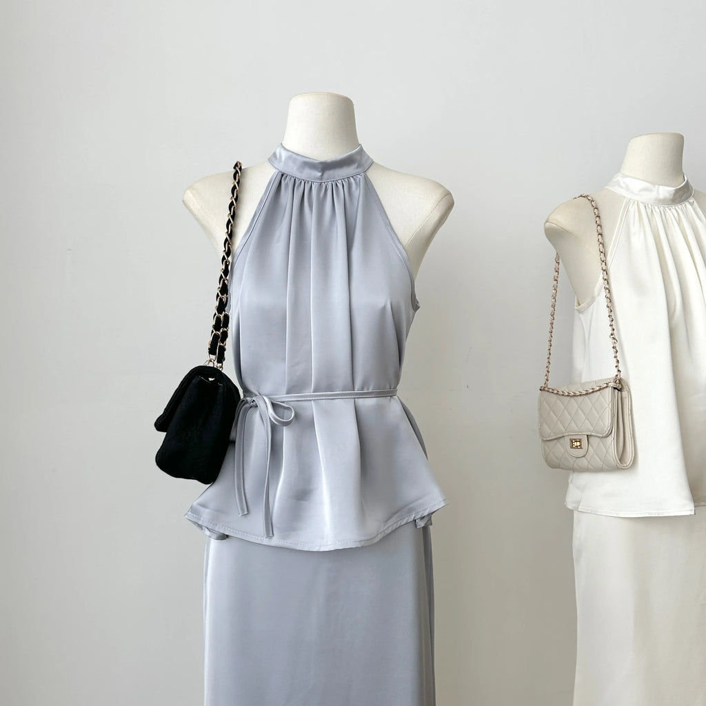 Sweet Hot Girl Casual Suit Women's Summer Satin Sleeveless Top High Waist Long Skirt Two-piece Set Fashion Female Clothes