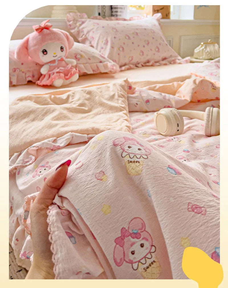 Korean Quilt with Lace and Ruffle Pure Cotton Patchwork Comforter for Summer Skin-Friendly Breathable Cooling Blanket for Home