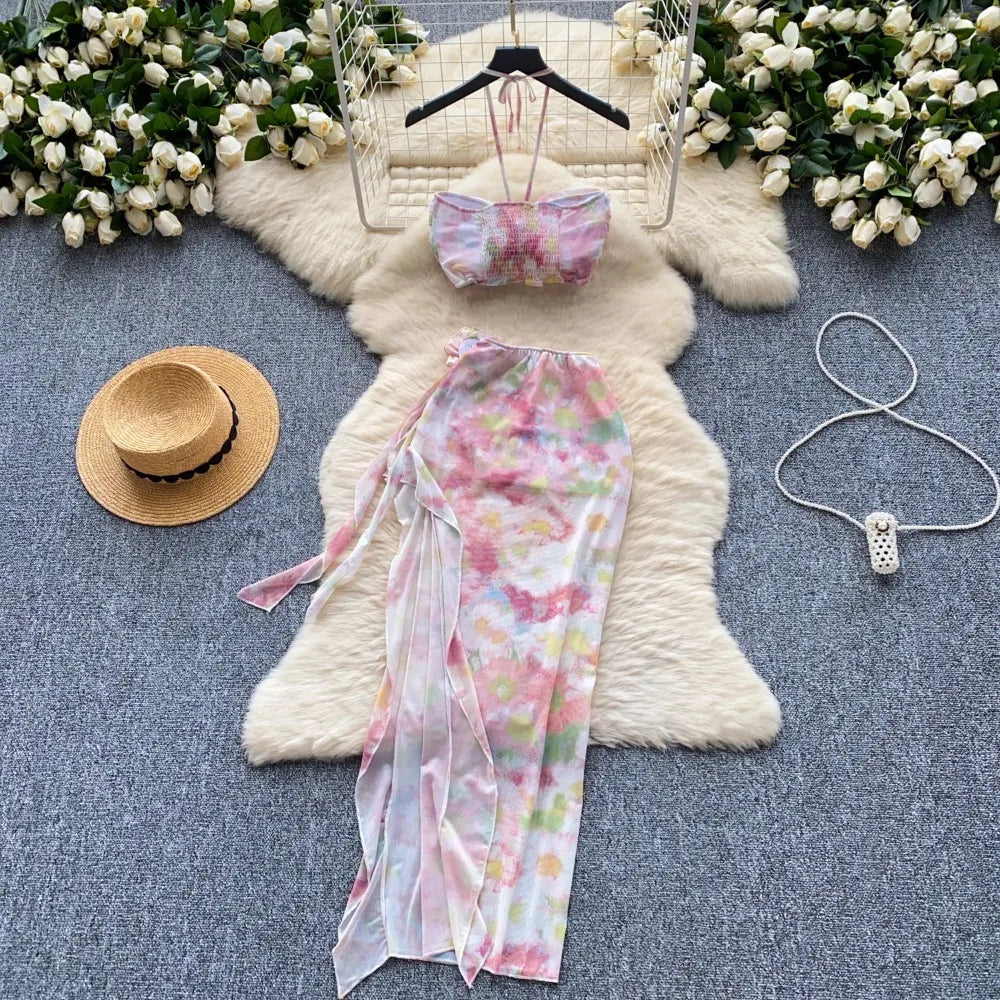 Flower Strapless Halter Tank Top and Split Ribbon Skirt Two Piece Set