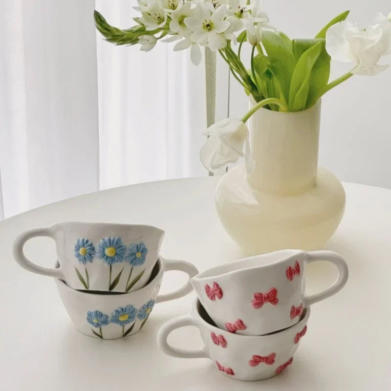 Hand Pinched Irregular Ceramic Hand-drawn Daisy Milk Tea Cup Pink Bow