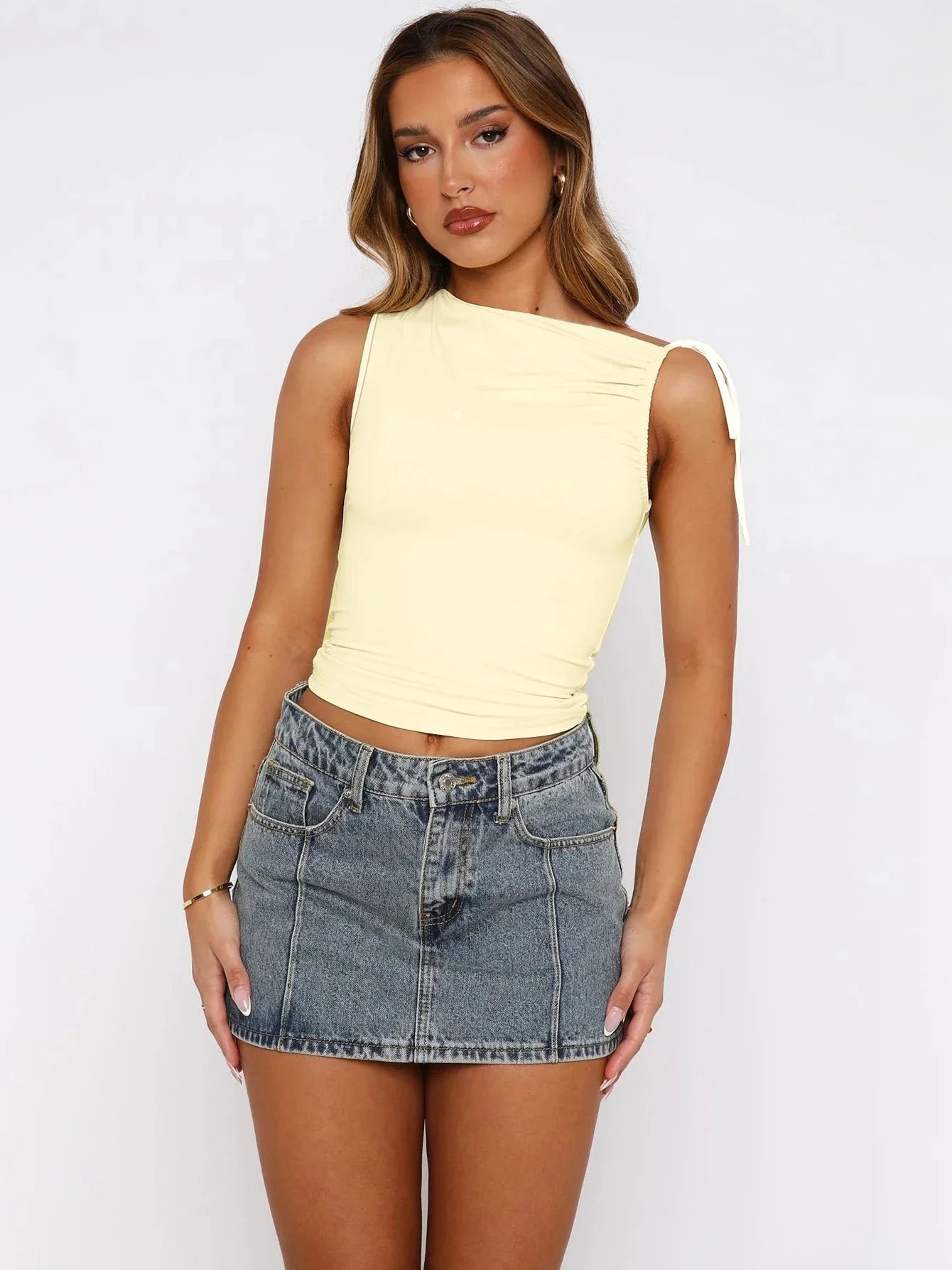 Sleeveless Skew Collar Ruched Lace Up Bodycon Crop Top Sexy Elegant l