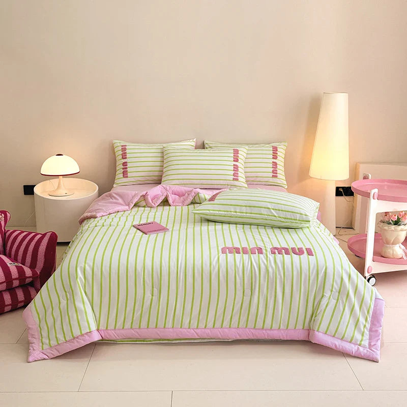 Stripe Quilt set Pink And White Bedding Set with Flat Sheet Set Soft  Fluffy Embroidery Quilt Set