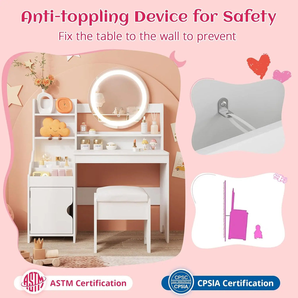 Kids Vanity Desk with Lights Mirror Makeup Vanity Table with Storage Cabinet & Shelves Pink Vanity Set with Chair for Girl