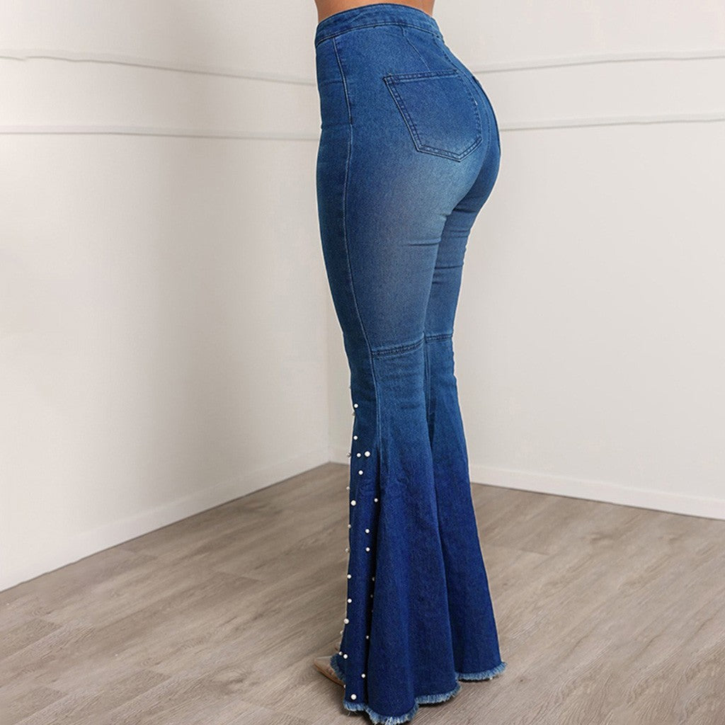 Denim High Waist Jeans Button Tassel Pants Trousers Bell-Bottom Pants Loose Straight Jeans