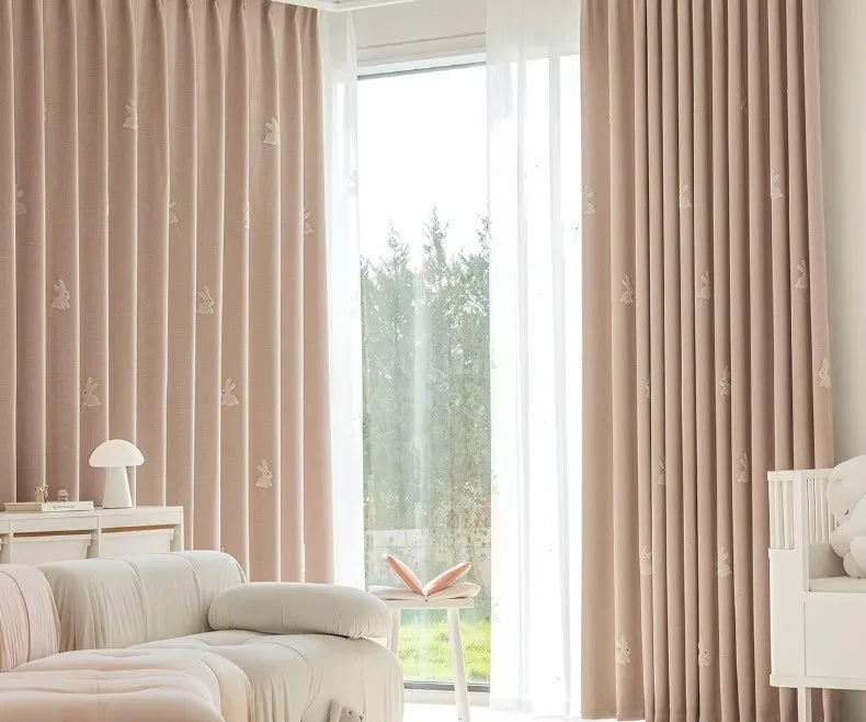 Pink Cartoon 3D Embroidered Rabbit Blackout Curtains for Living Room Bedroom Girls Room Sticky Chenille Drapes Home Decor