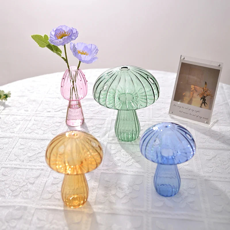 Mushroom Glass Vase Transparent Flower Pot Hydroponic Flower Bottle Jelly Color Plant Pots Aromatherapy Bottle Desktop Decor