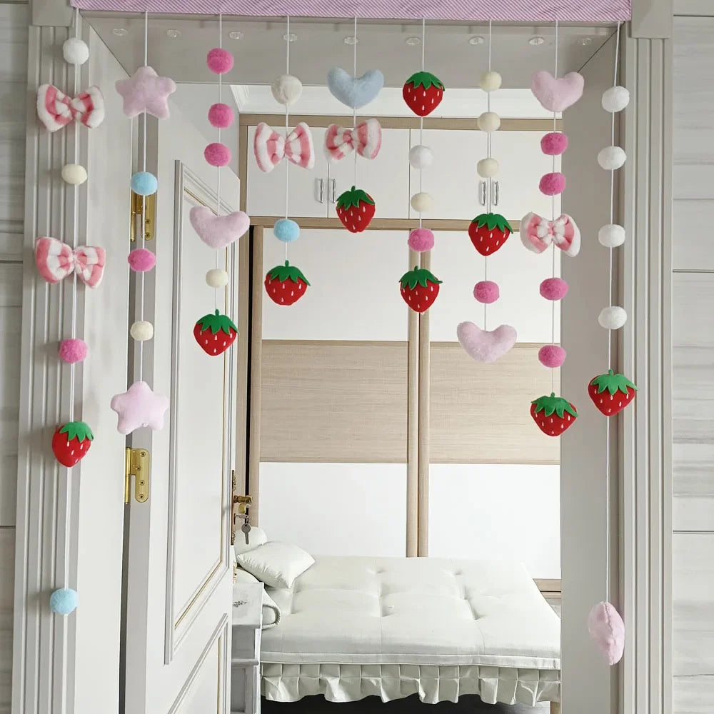 Pink Kawaii Doorway Curtains Plush Strawberry Ball Door Curtain Pendant Melody Bedroom Partition Window Valance Decor Christmas