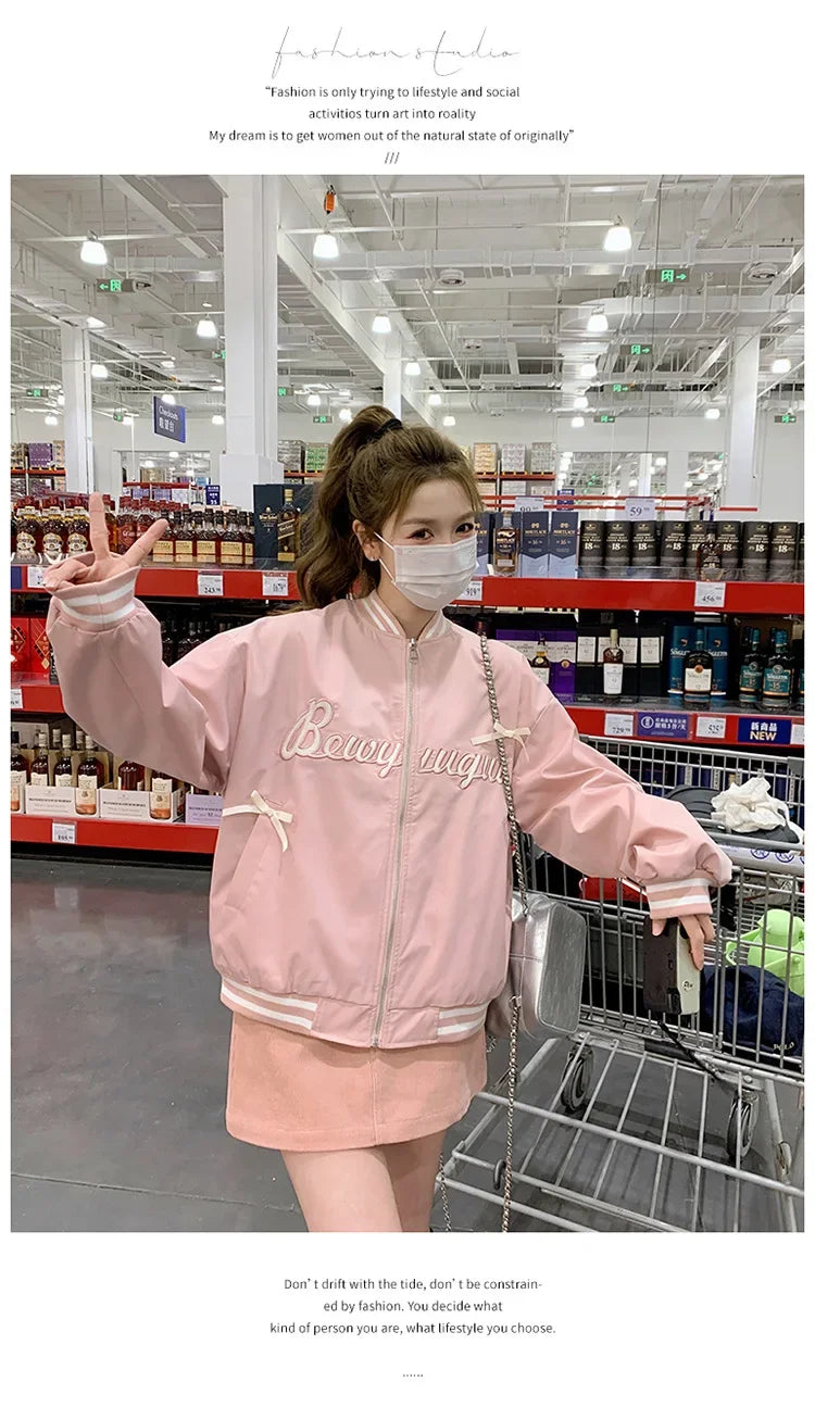 Sweet Butterfly Knot Pink Baseball Jacket Women's Spring Autumn Casual Loose Fit round Neck Full Sleeve Fashionable Coat